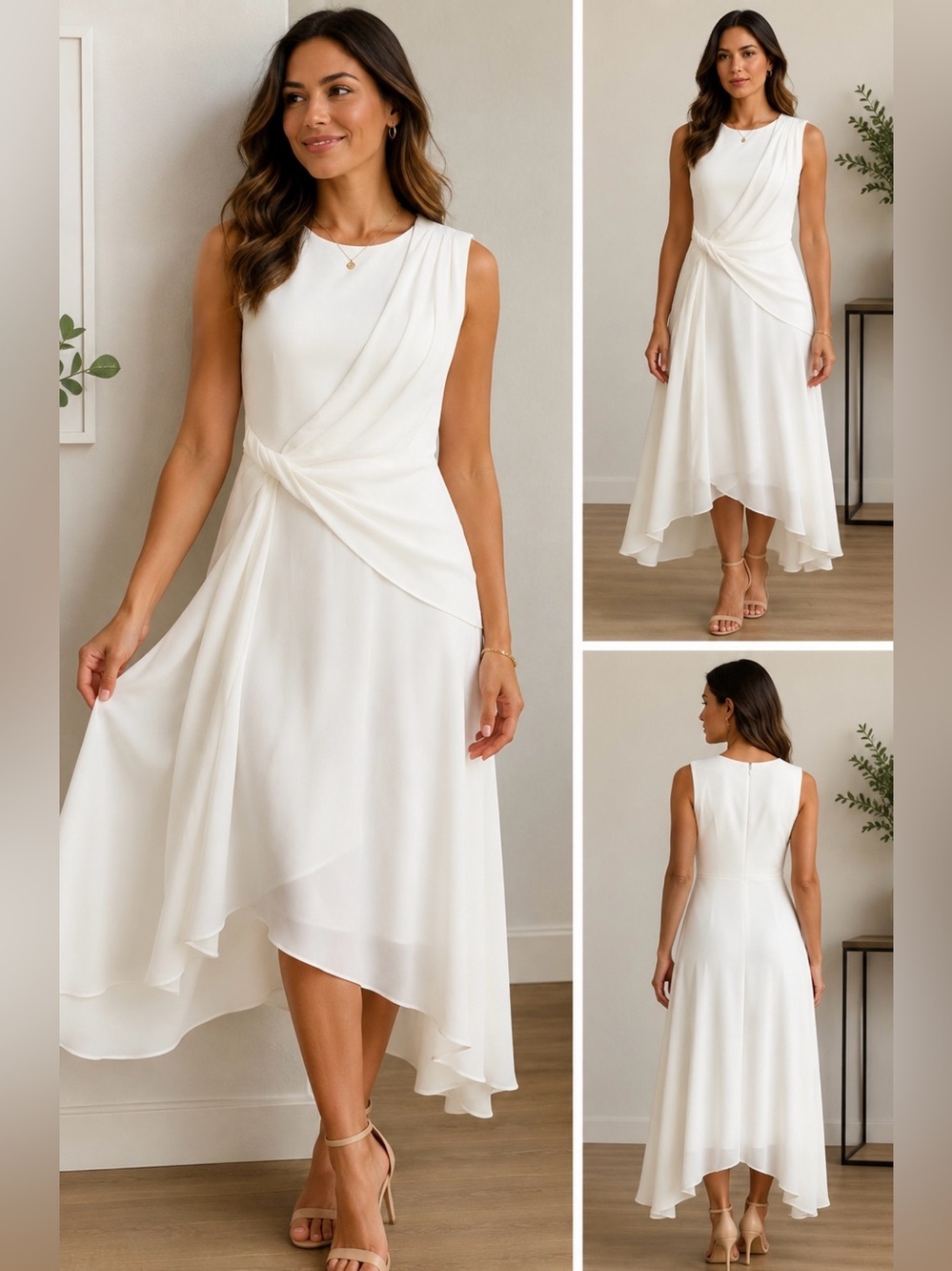 DKNY White Sleeveless Draped Midi Dress Approx Size 8 Medium